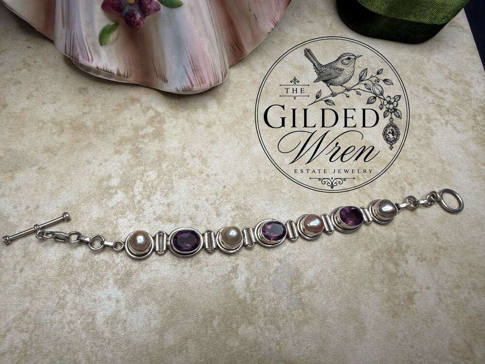 Vintage 925 Sterling Silver Artisan Bracelet Purple Freshwater Pearl Toggle